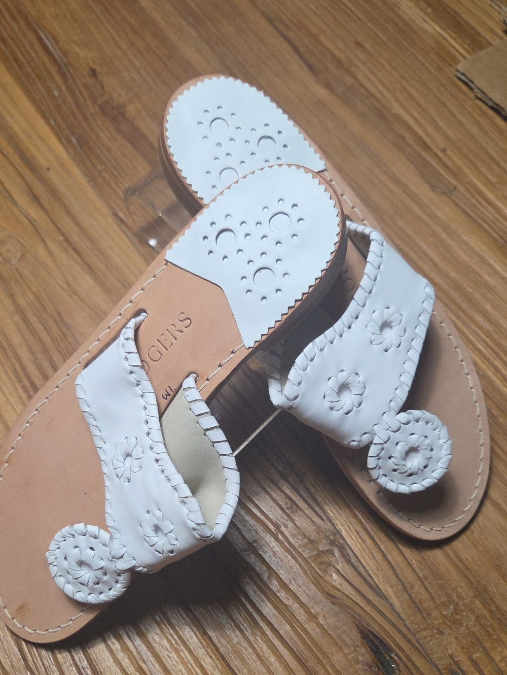 White Women's Leather Slide Sandals with Floral Stitching